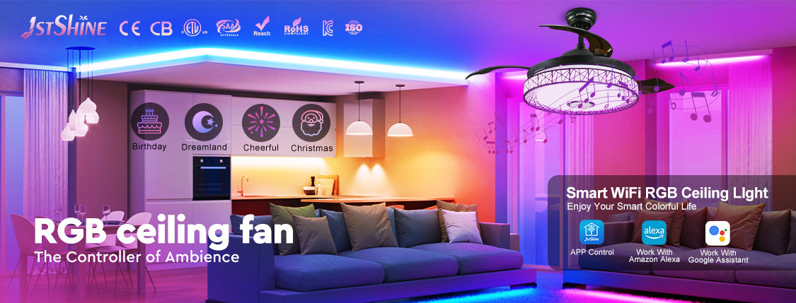 Últimos blogs de la empresa sobre Transforme su espacio con el ventilador de techo RGB de 1stShine: Iluminación personalizable y características inteligentes