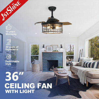 Fuente de luz LED ventilador de techo de 36 pulgadas con cuchillas retráctiles y motor 100% de cobre